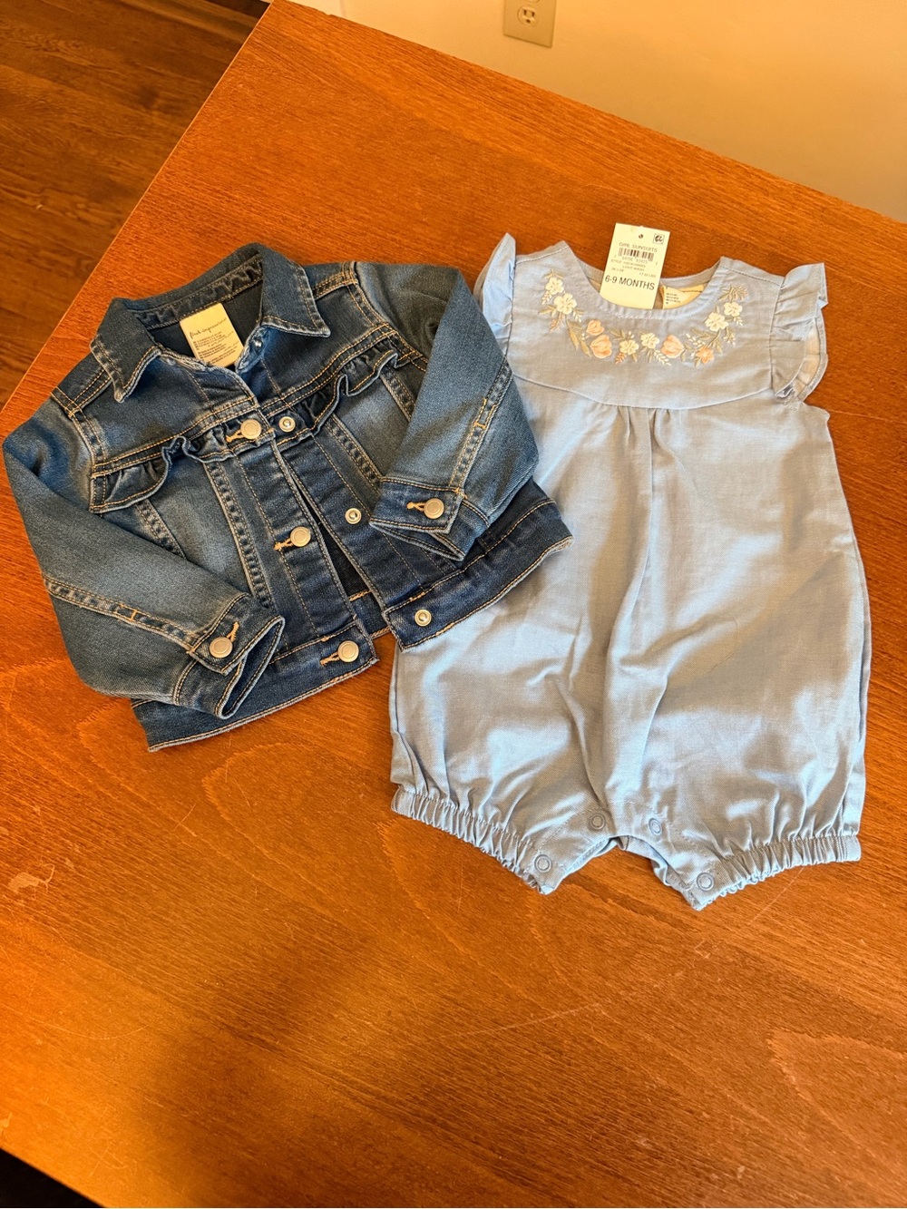 First Impressions Light Blue Floral Embroidered Sunsuit & Denim Jacket 6-9M